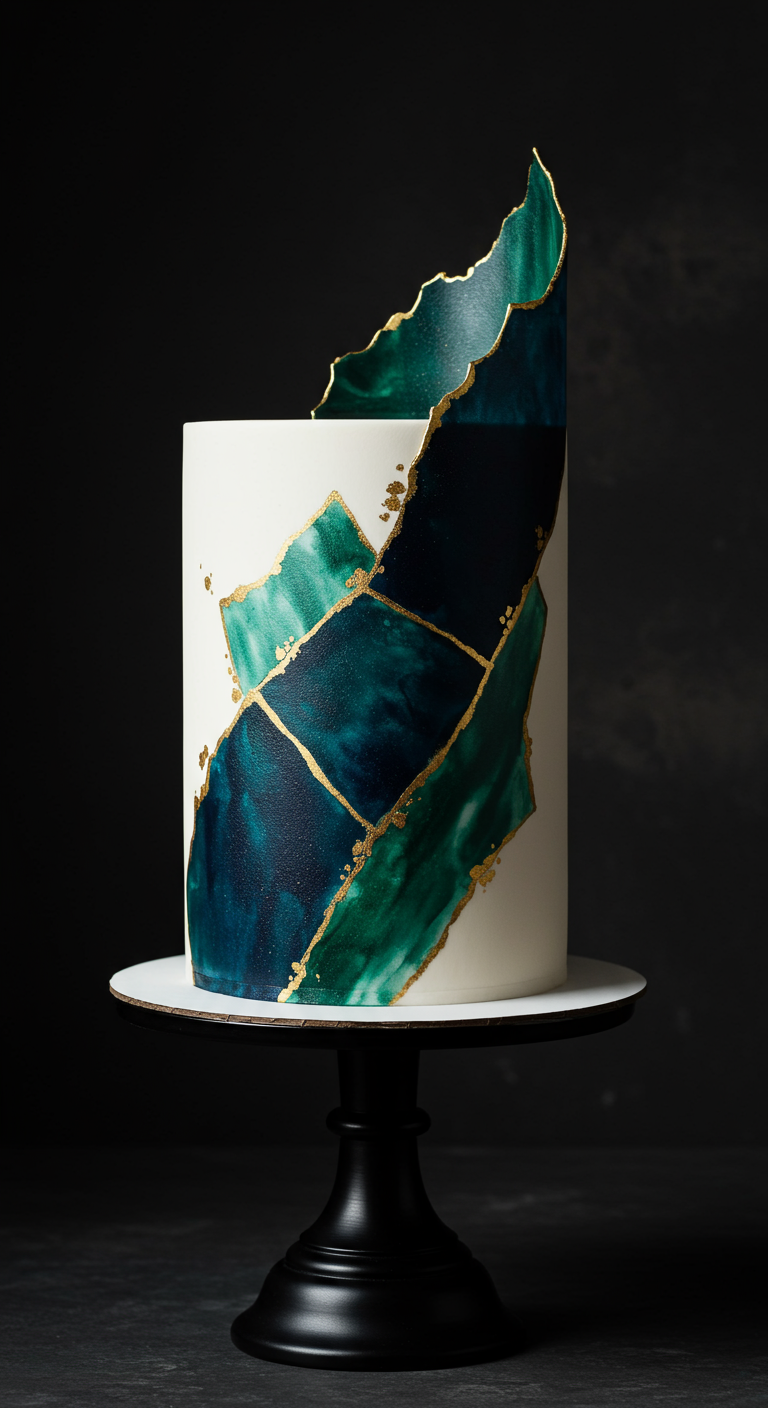 Hohe weiße Torte mit abstrakten blau-grünen Elementen und Goldakzenten.