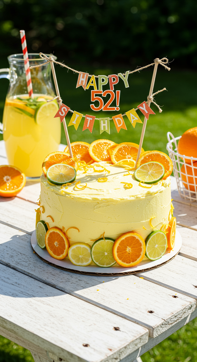 Gelbe Torte dekoriert mit Zitrusscheiben und „Happy 52! Birthday“-Wimpel.