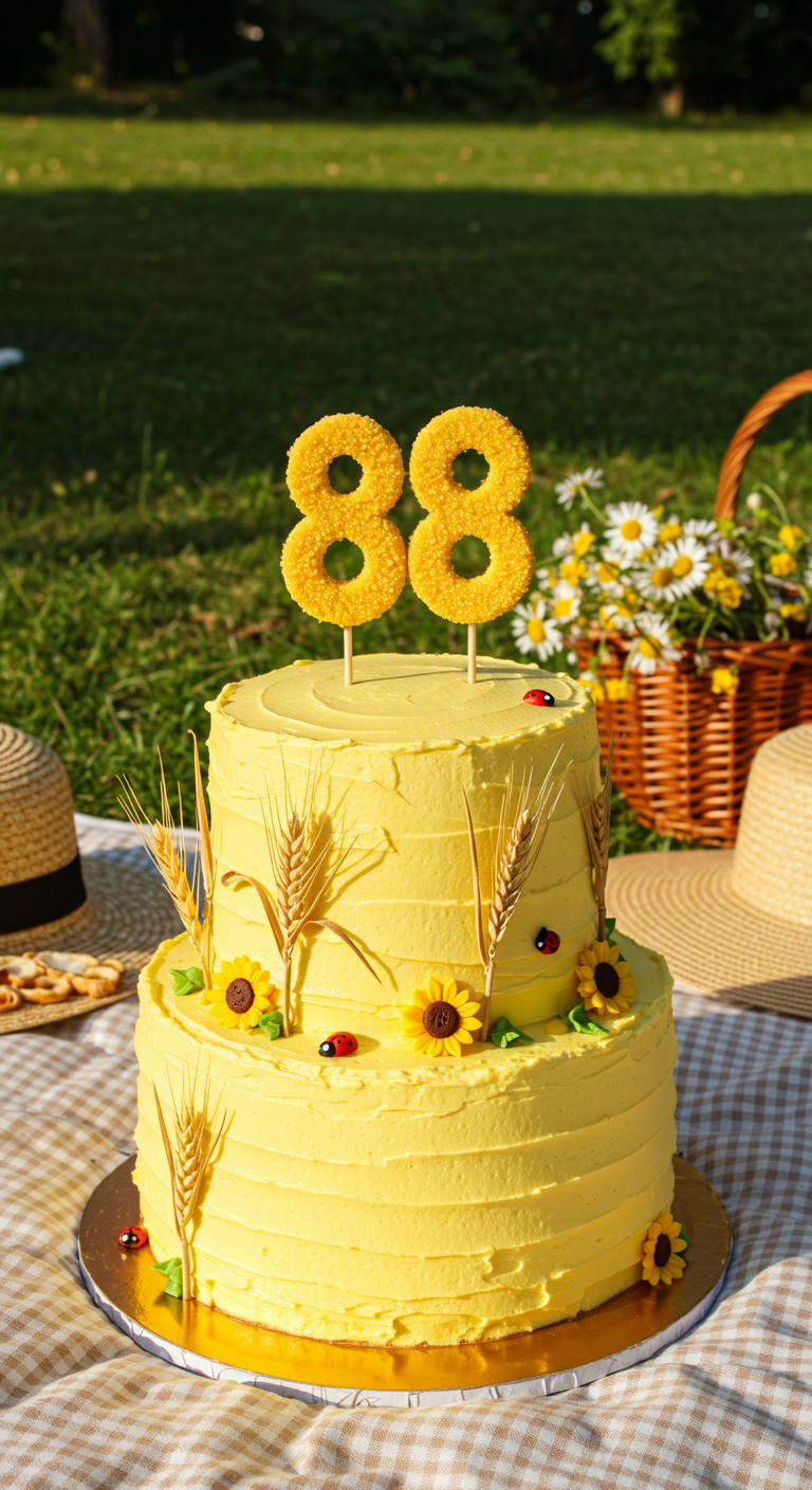 Zweistöckige gelbe Torte mit Sonnenblumen, Weizenähren und Marienkäfern.