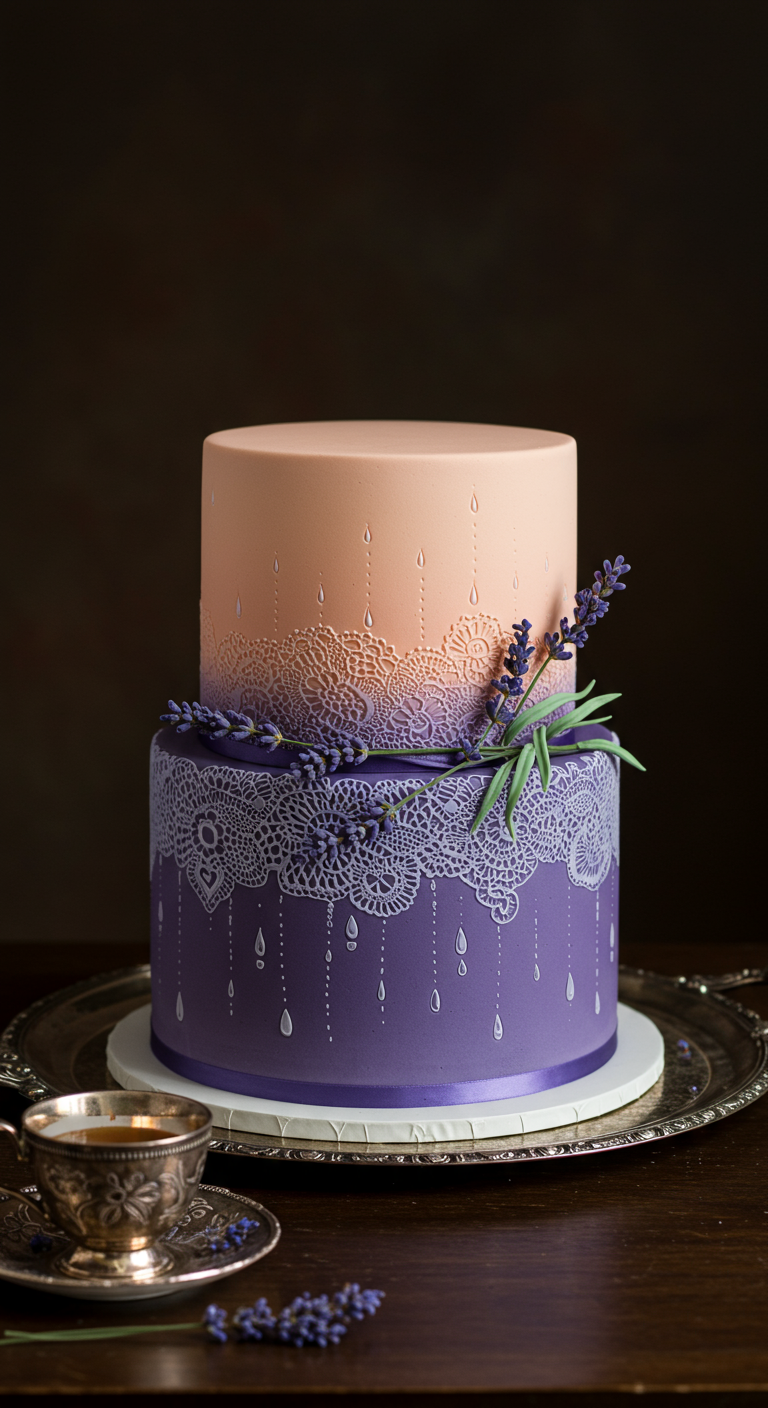 Zweistöckige Torte mit essbarer Spitze, Farbverlauf und Lavendel.