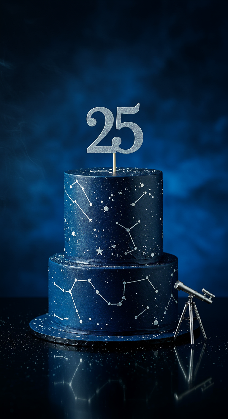 Zweistöckige dunkelblaue Torte als Sternenhimmel mit Sternbildern und silbernem