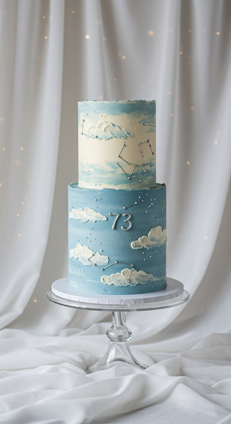 Zweistöckige blaue Torte mit gemalten Wolken und silbernen Sternbildern.