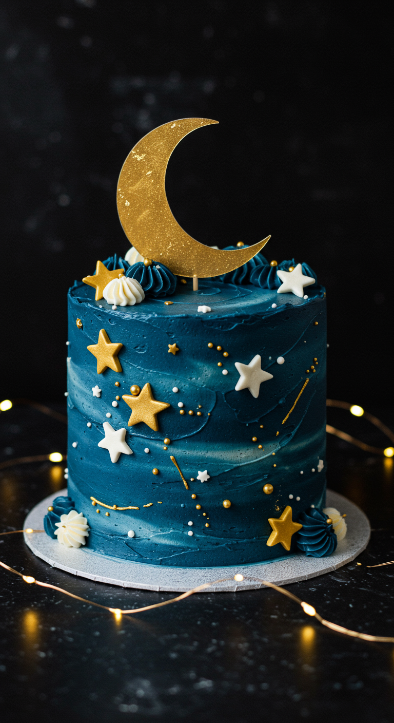 Dunkelblaue Buttercreme-Torte mit goldenen und weißen Sternen und goldenem Mond-Topper.