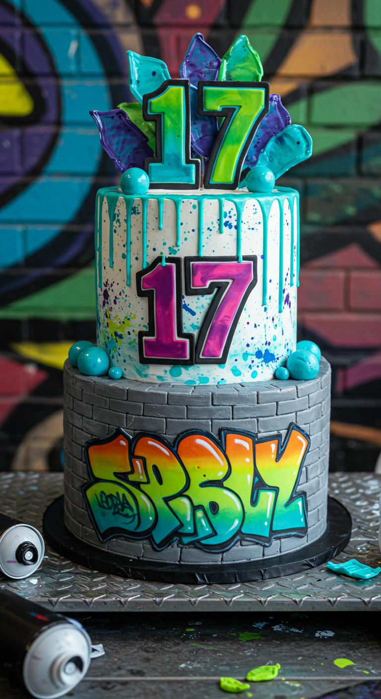 Zweistöckige Graffiti-Torte mit bunten Farbklecksen und Zahl 17.