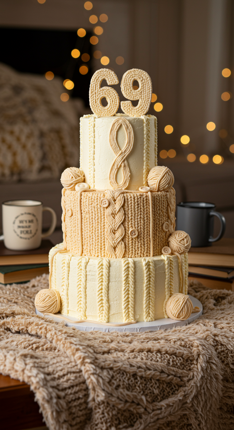 Dreistöckige cremefarbene Torte mit Strickmustern aus Buttercreme und Zahl 69.