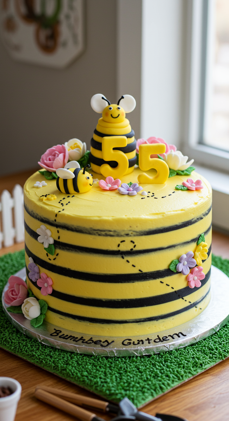 Gelbe Bienenstock-Torte mit schwarzen Streifen, Fondant-Bienen und Zuckerblumen.