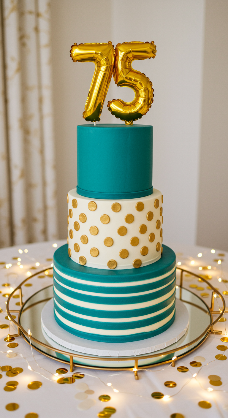 Dreistöckige Torte in Türkis und Weiß mit goldenen Punkten, Streifen und 75-Ballon-Topper.