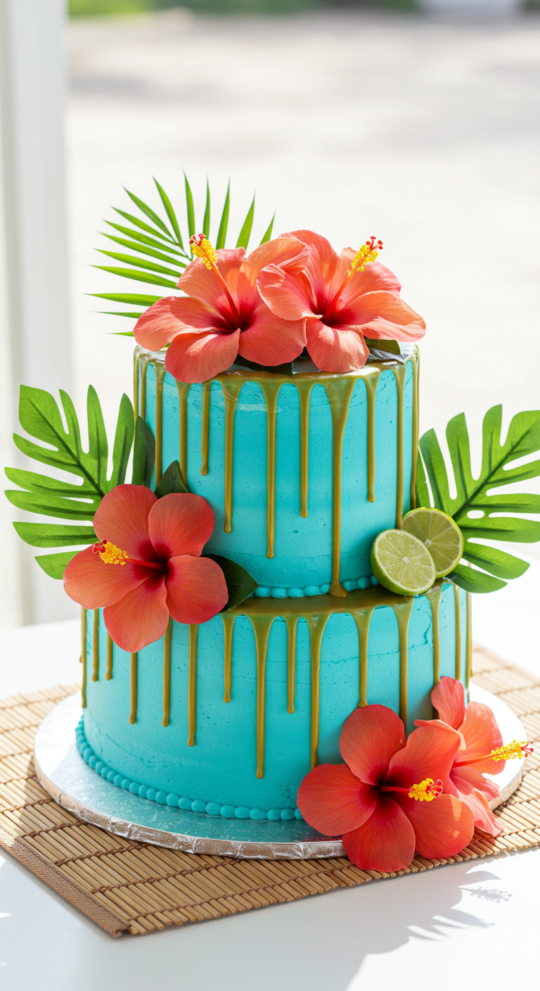 Zweistöckige türkisfarbene Torte mit Hibiskusblüten, Palmblättern und goldenem Drip.