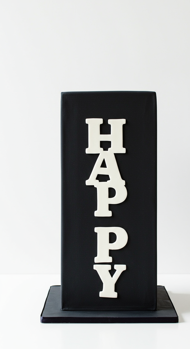 Hohe, schwarze, rechteckige Torte mit vertikal angeordneten weißen Buchstaben „HAPPY“.