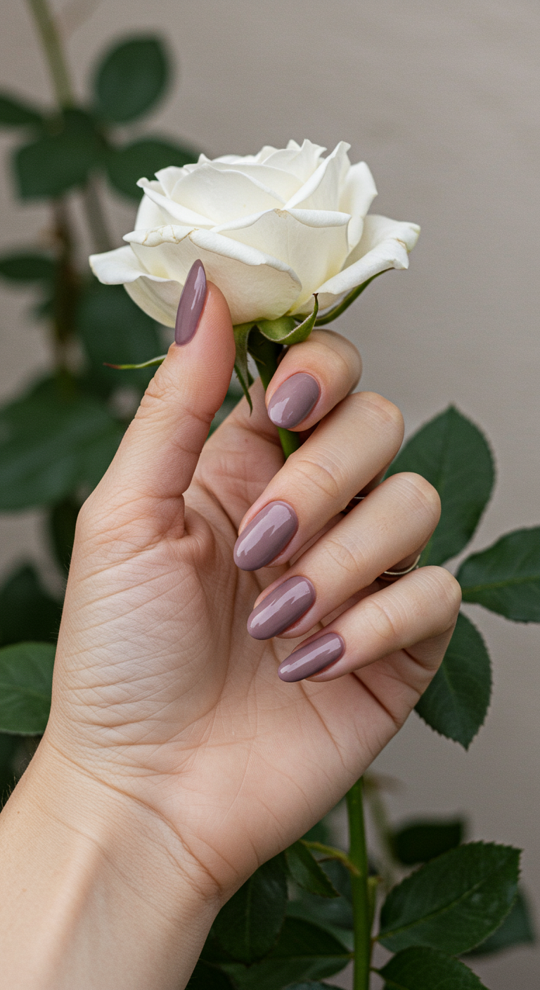 Ovale, glänzende Mauve-Nude-Nägel, Hand hält eine weiße Rose.