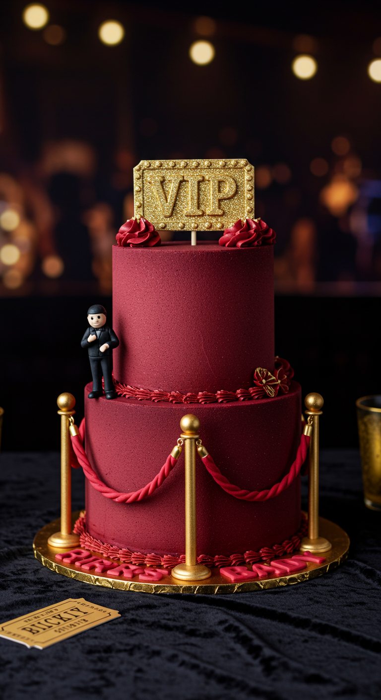 Rote zweistöckige Torte mit VIP-Schild, Goldabsperrungen und Türsteher-Figur.