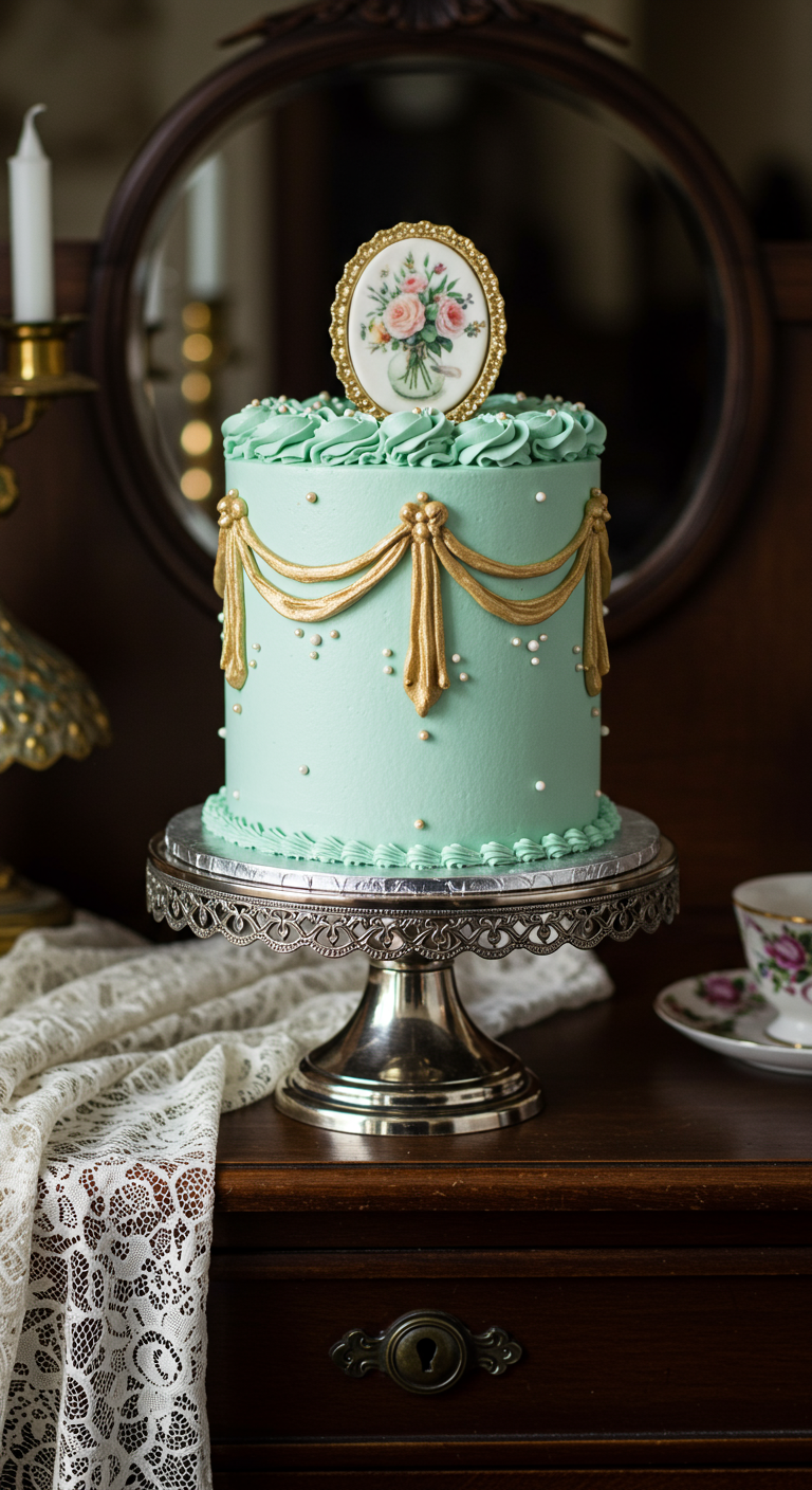 Mintgrüne Vintage-Torte mit goldenen Ornamenten und Cameo.