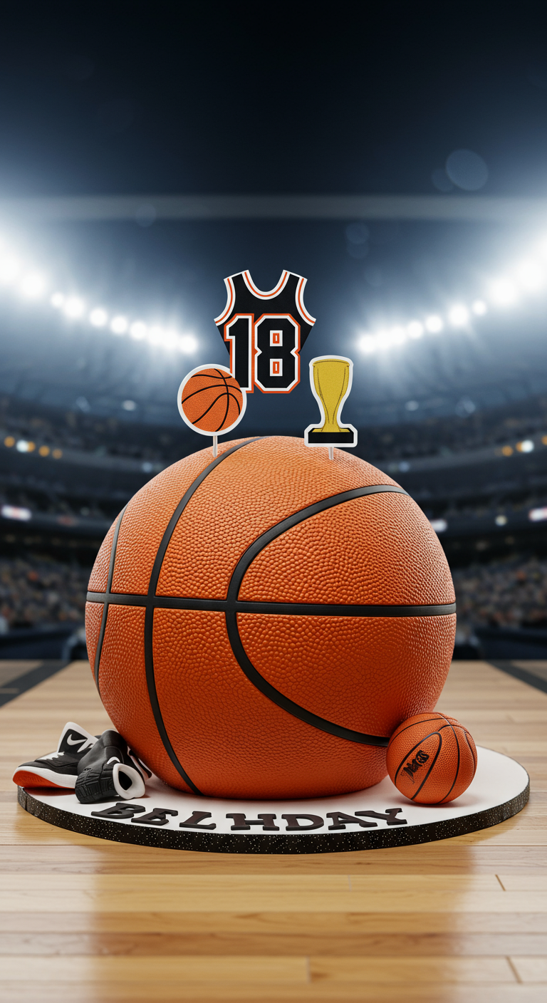 Kuchen in Form eines Basketballs mit Sport-Deko-Elementen.