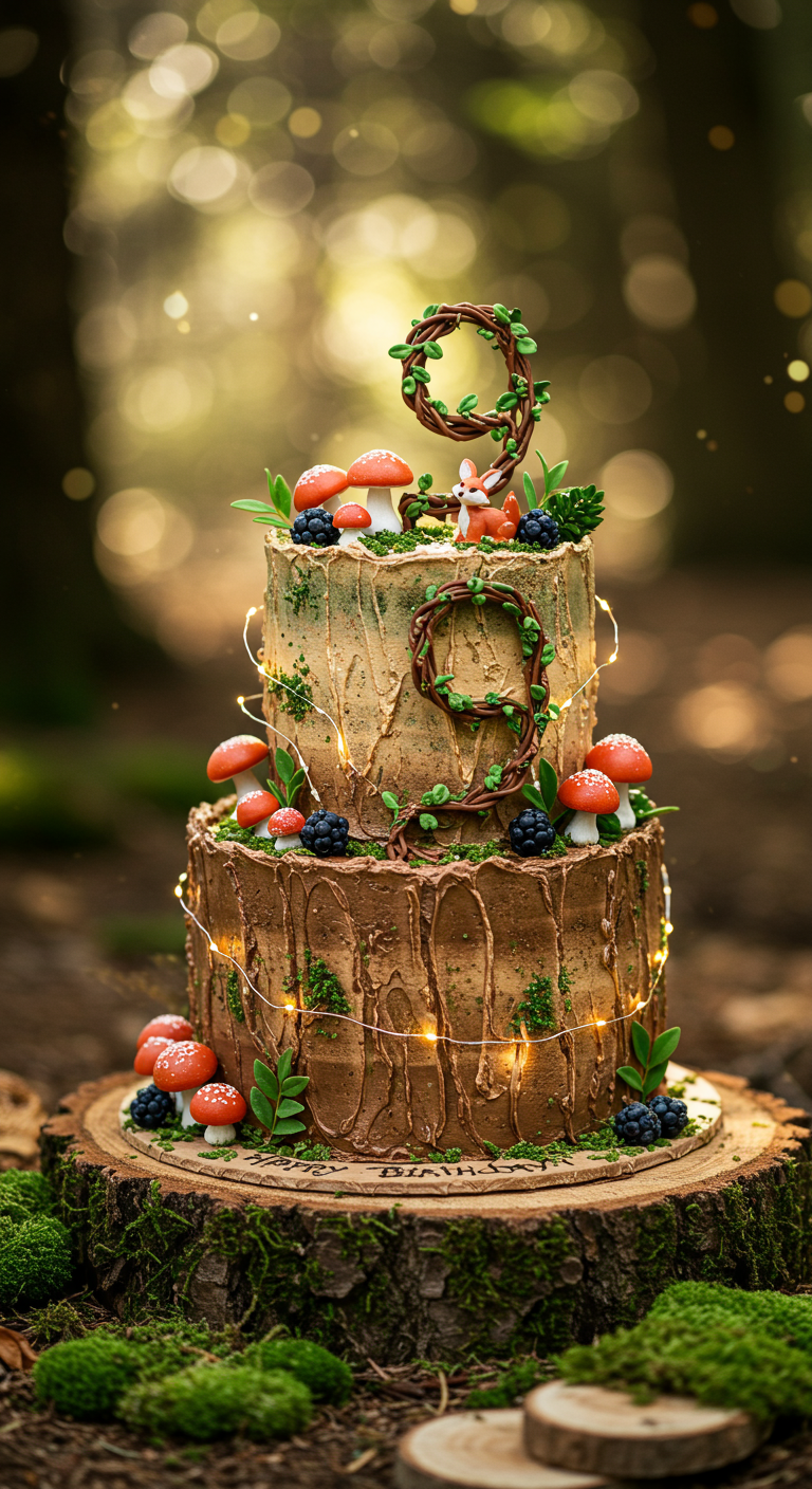 Zweistöckige Waldtorte mit Baumrindenoptik, Pilzen, Beeren und Lichterkette.