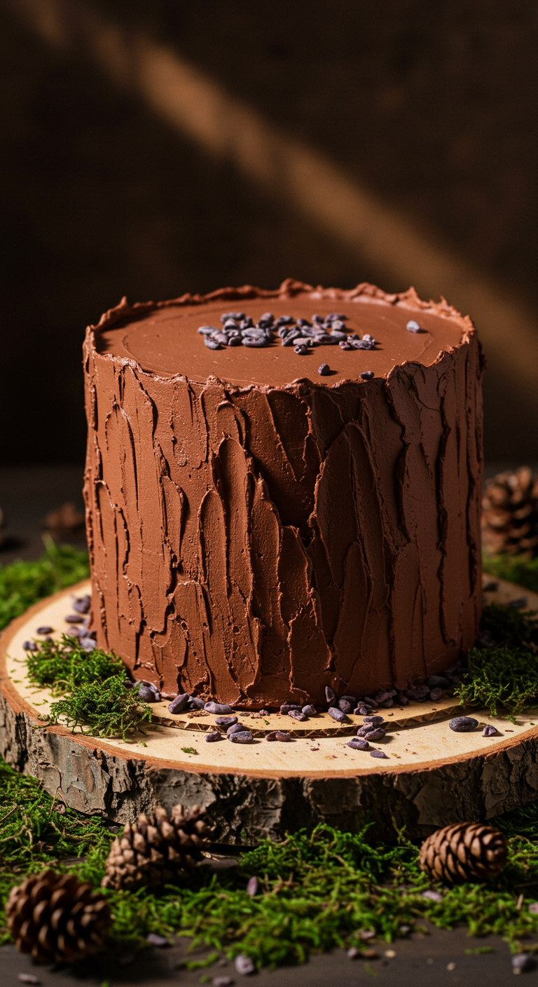 Schokoladenbraune Torte mit rustikaler Baumrinden-Textur, dekoriert mit Schokostreuseln auf Moos.
