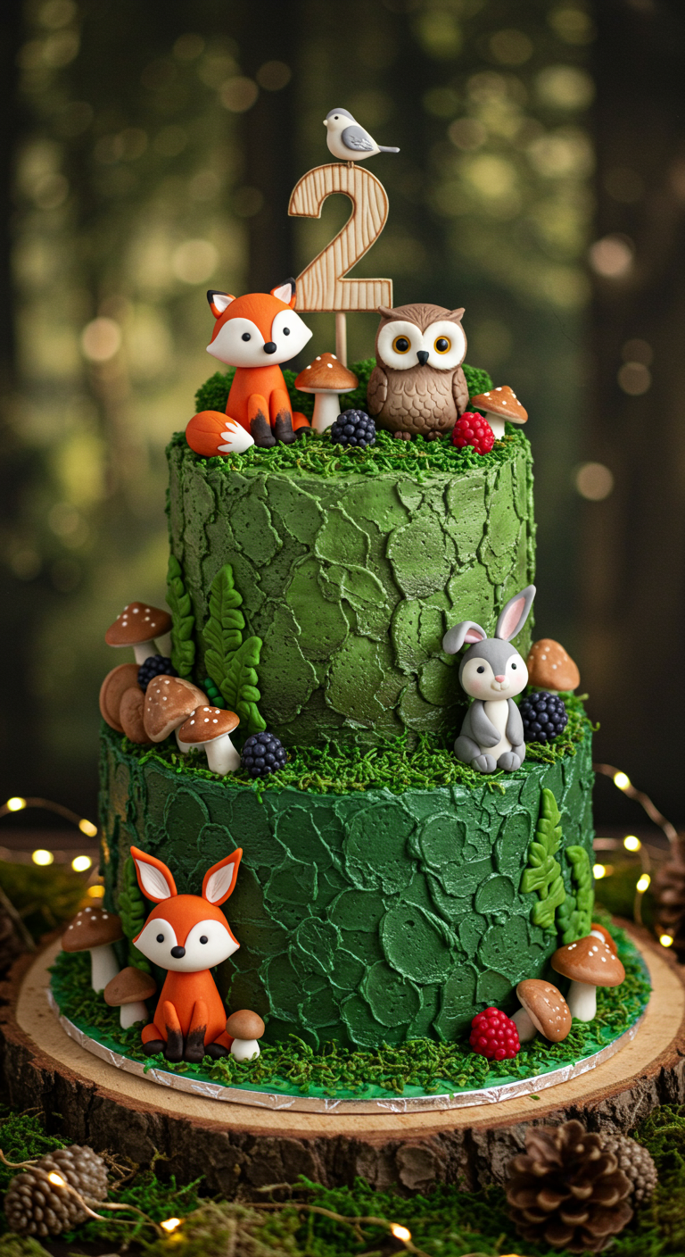 Zweistöckige Waldtiere-Torte mit Fuchs, Eule, Hase und moosgrüner Buttercreme.