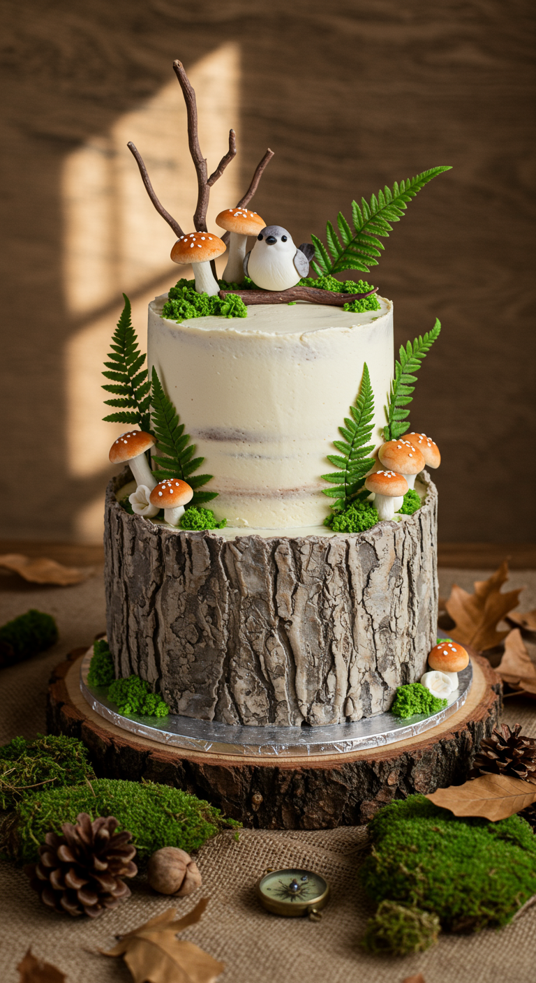 Zweistöckige Torte mit Baumrindenoptik unten, oben weiß mit Walddeko wie Pilzen und Farn.