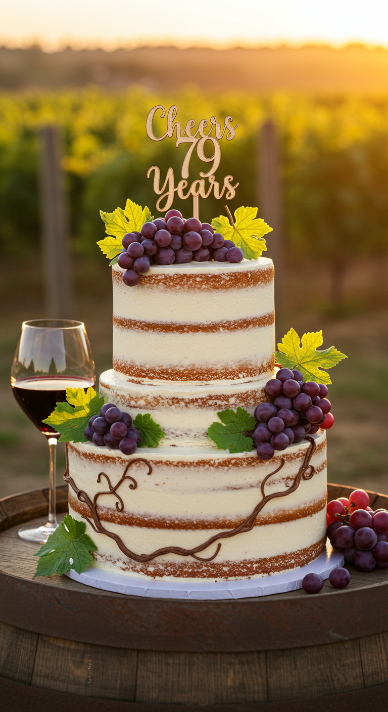 Zweistöckiger Semi-Naked Cake mit frischen Weintrauben, Weinblättern und Schoko-Ranken.