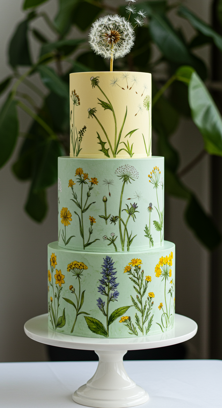 Dreistöckige Torte in Pastelltönen, bemalt mit Wildblumen, mit Pusteblume als Topper.