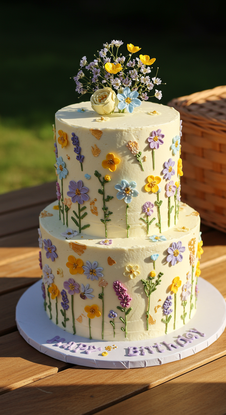 Zweistöckige Buttercreme-Torte mit vielen kleinen bunten aufgespritzten Blümchen und Goldflocken.