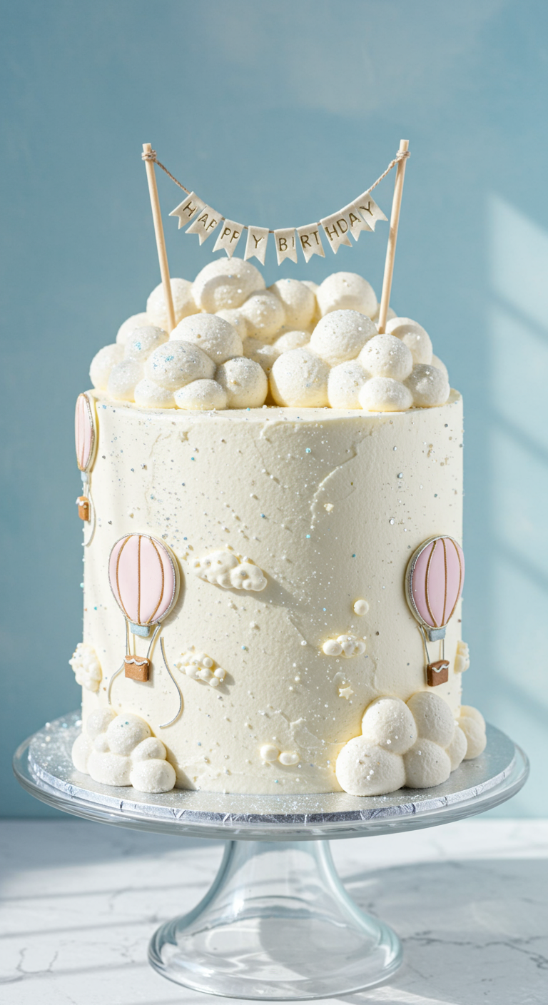 Weiße Torte mit Baiser-Wolken und rosa Heißluftballon-Deko