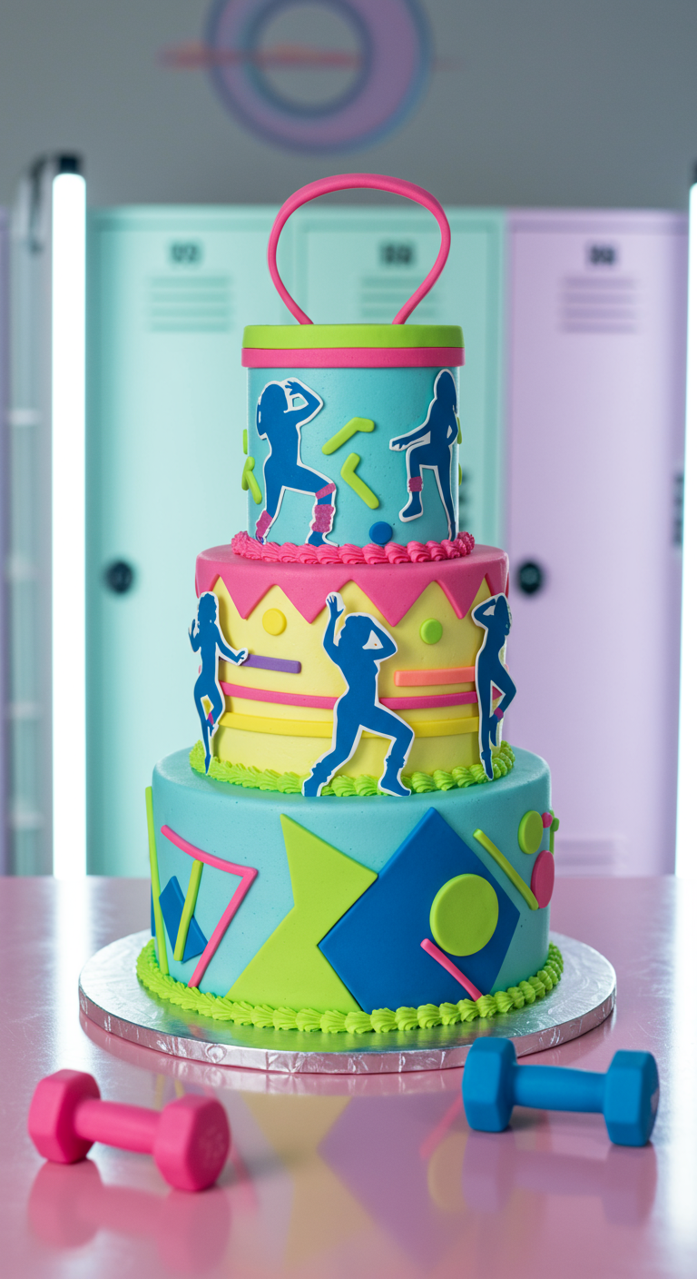 Bunte, mehrstöckige Aerobic-Torte mit Tänzer-Silhouetten und Neon-Akzenten.