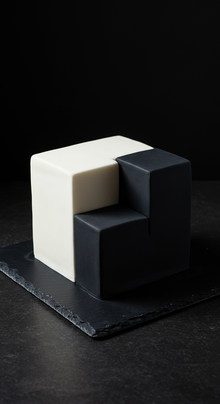 Kleine Torte aus zwei ineinandergreifenden schwarzen und weißen Würfelteilen.