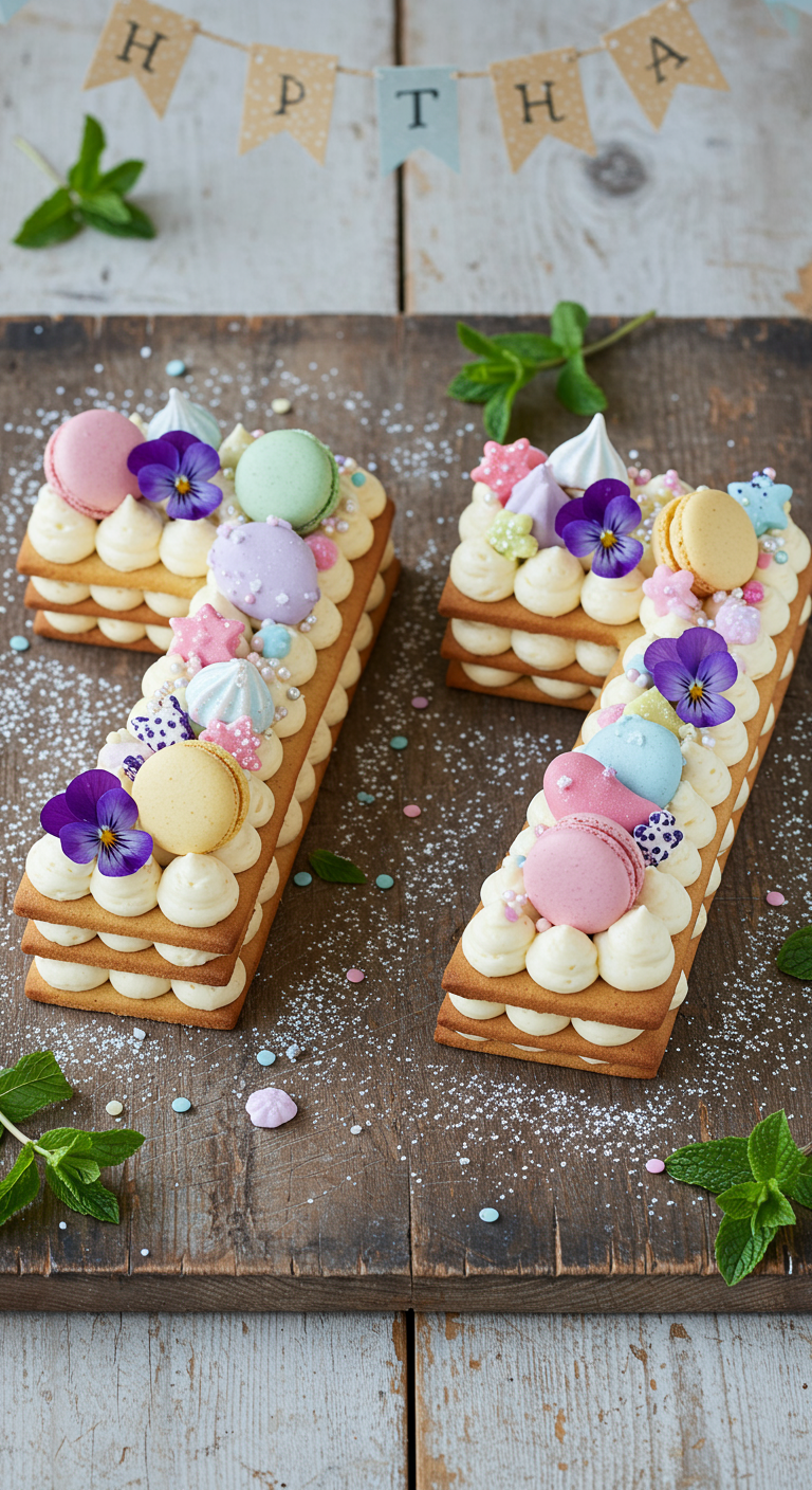 Zahlenkuchen '77' aus Keksteig mit Cremetupfen, Macarons und Blüten.