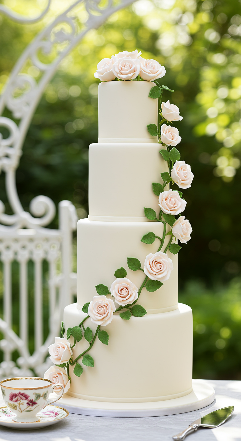 Hohe, vierstöckige weiße Torte mit einer zarten Ranke aus blassrosa Zuckerrosen und Blättern.