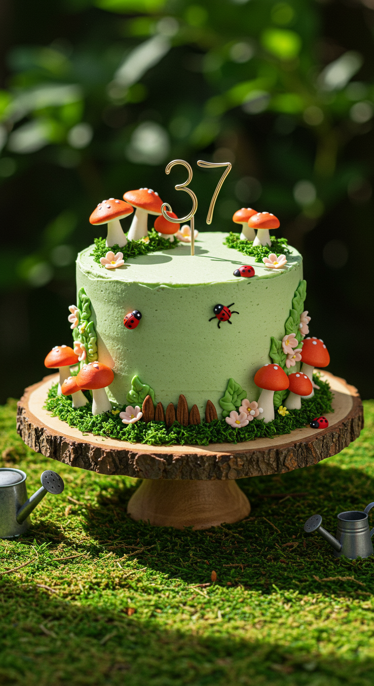 Grüne Torte dekoriert mit Fondant-Pilzen, Blümchen, Marienkäfern und „37“.