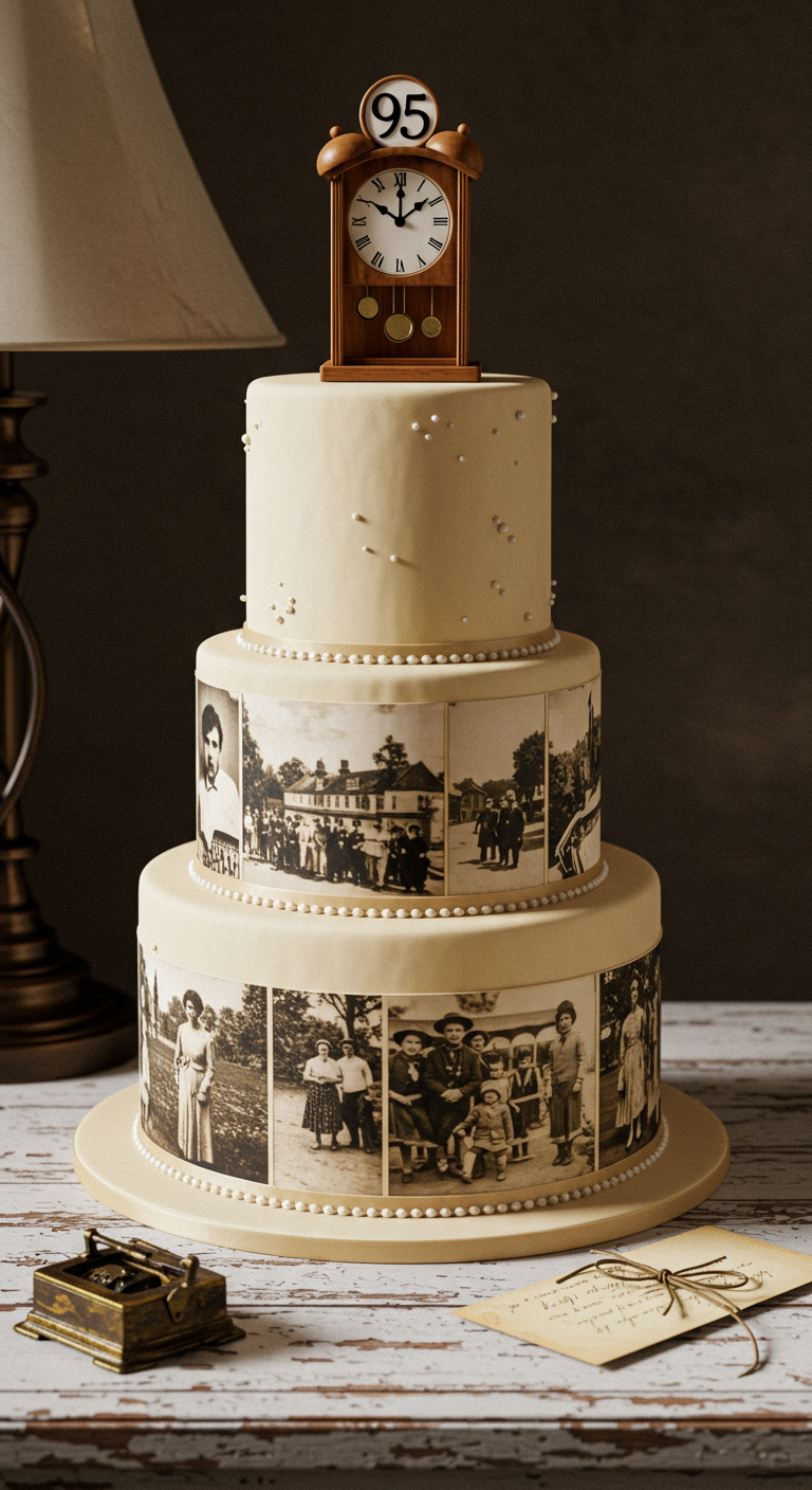 Dreistöckige Torte mit Schwarz-Weiß-Fotos, Perlen und Uhren-Topper mit Ziffer „95“.