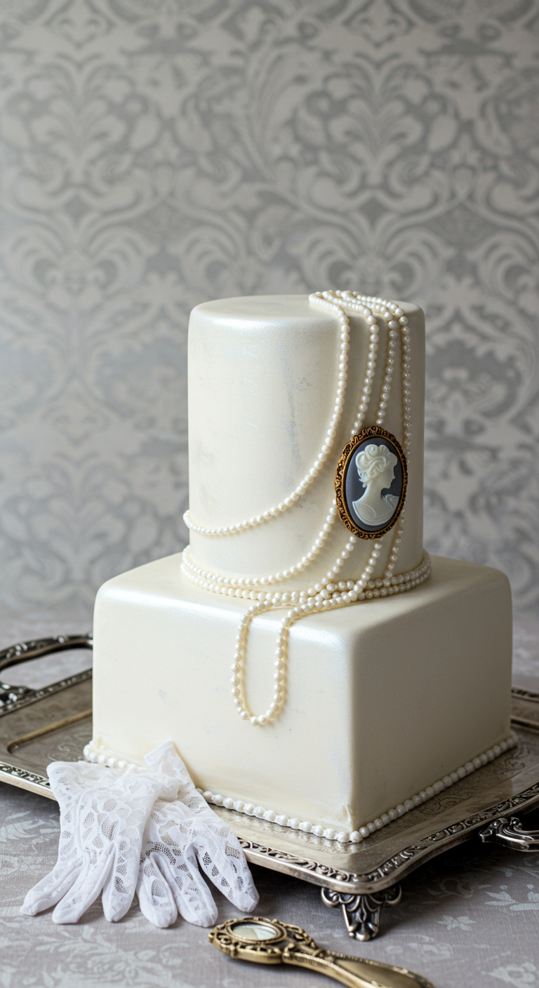 Zweistöckige perlmuttfarbene Torte mit Zuckerperlenketten und Kamee-Schmuckstück.