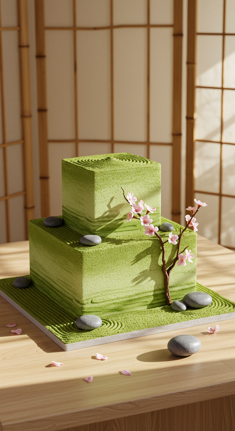 Zweistöckige quadratische grüne Torte im Zen-Garten-Stil mit Steinen und Kirschblüten.