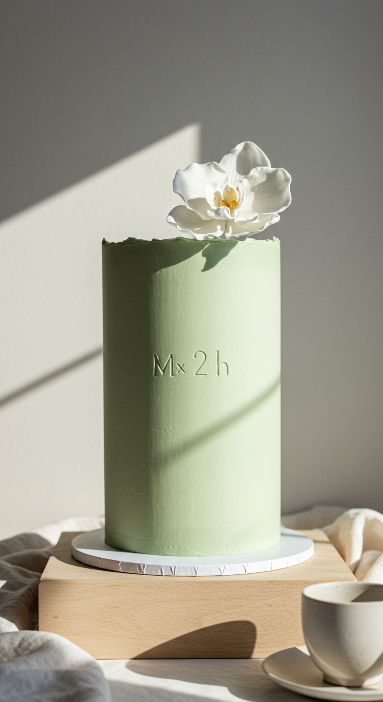 Minimalistische grüne Torte mit weißer Orchidee und Text.