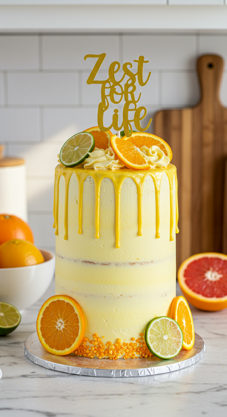 Hohe, helle Torte mit gelbem Drip, Zitrusfrüchten und „Zest for Life“-Topper.
