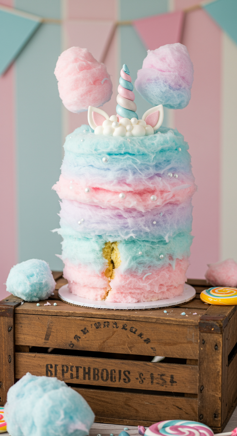 Einhorntorte komplett mit bunter Zuckerwatte umhüllt, mit kleinen Zuckerperlen.
