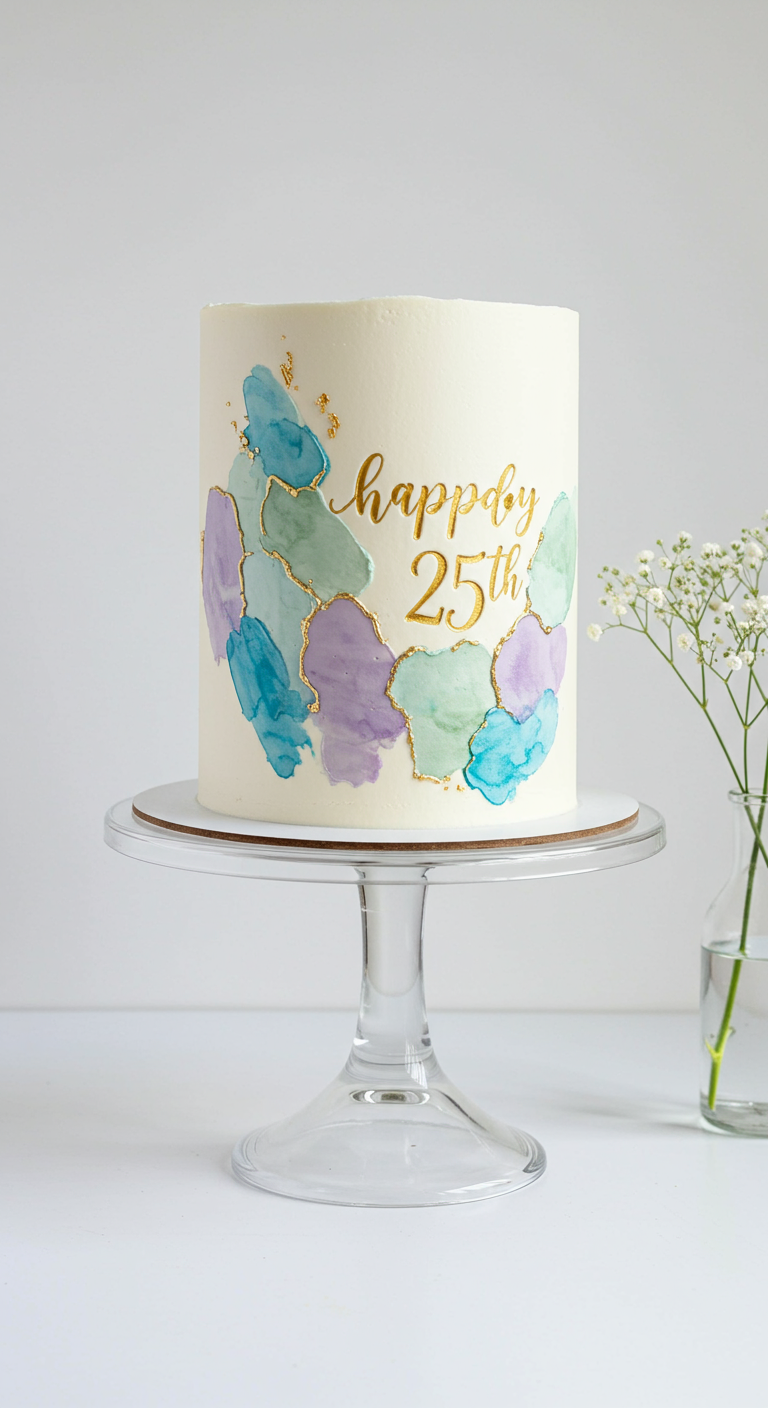 Weiße Torte mit Aquarellflecken in Blau, Lila, Mint, Goldrändern und