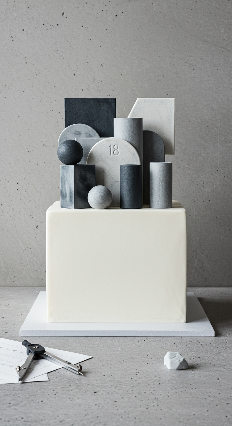 Weißer quadratischer Kuchen mit abstrakten geometrischen Formen in Grautönen.