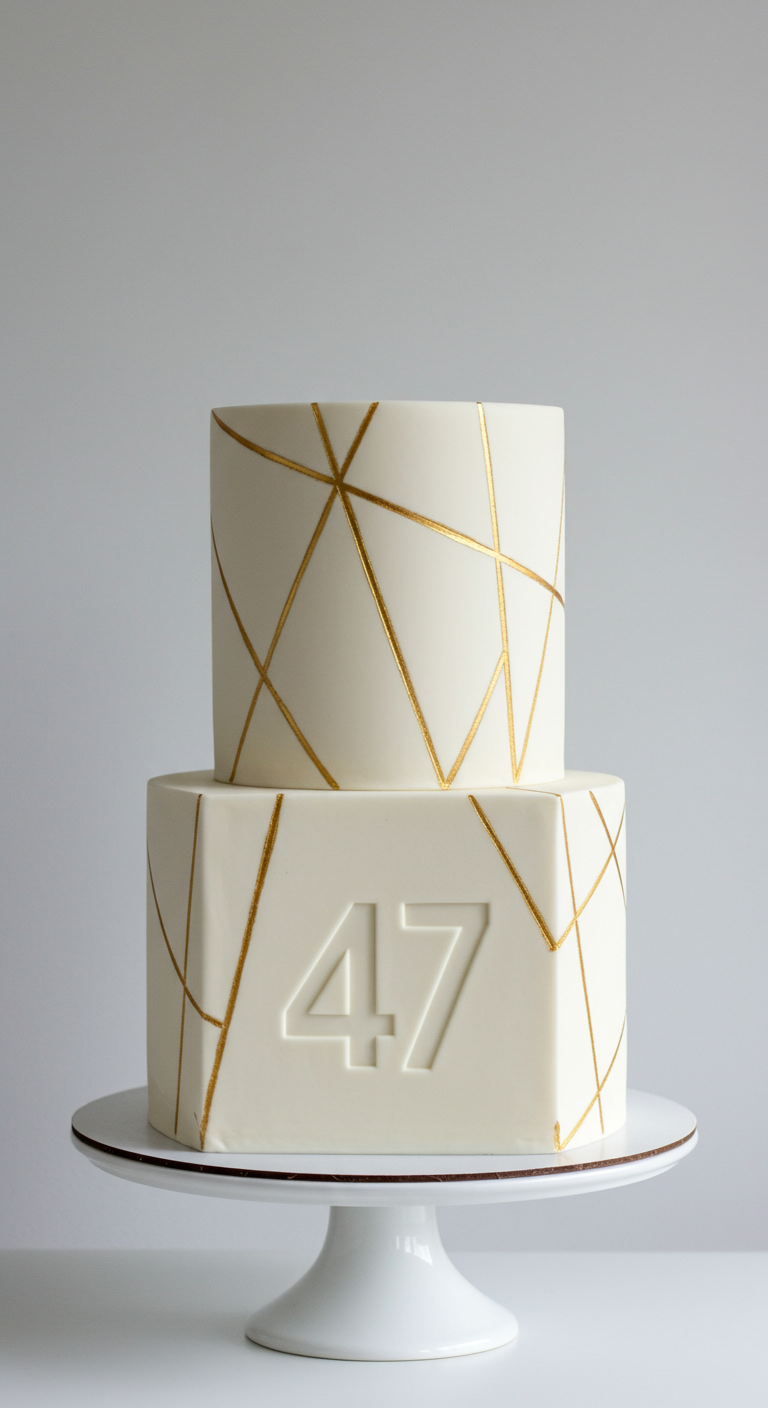 Zweistöckige weiße Torte mit geometrischen Goldlinien und eingeprägter Zahl 47.