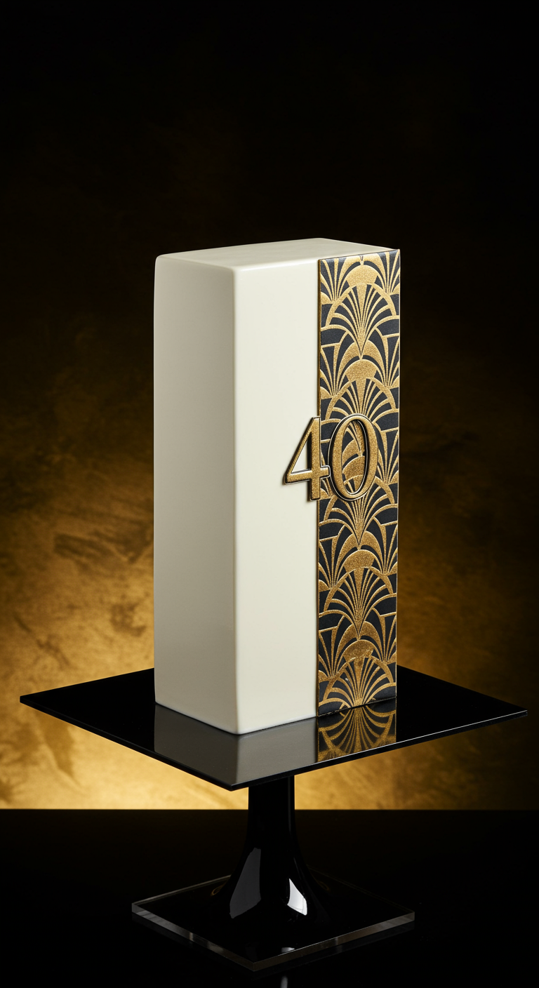 Hohe weiße rechteckige Torte mit Art-Déco-Muster in Gold und Schwarz.