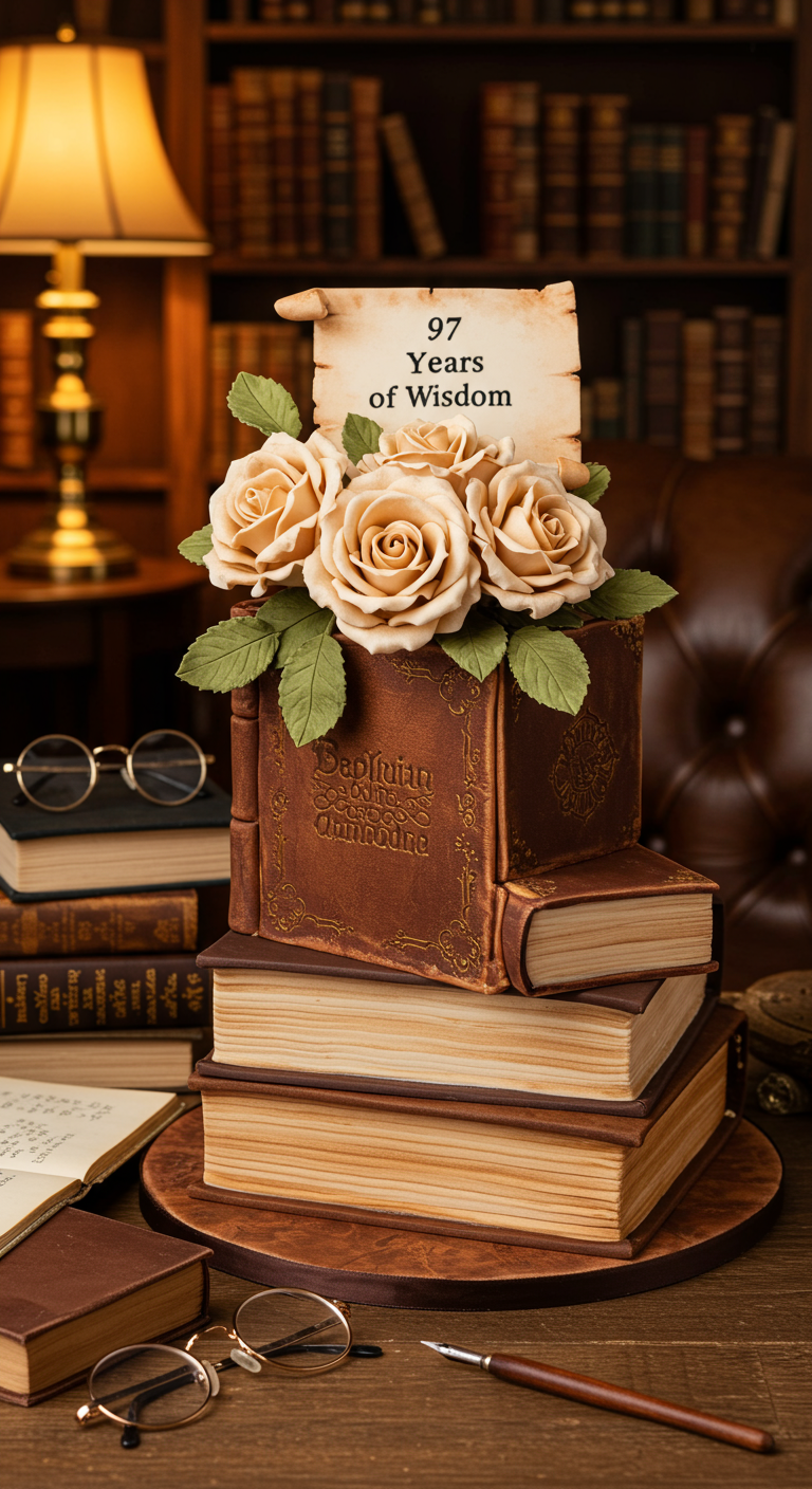 Torte in Form eines Bücherstapels mit beigen Zuckerrosen und einem Schild „97 Years of Wisdom“.