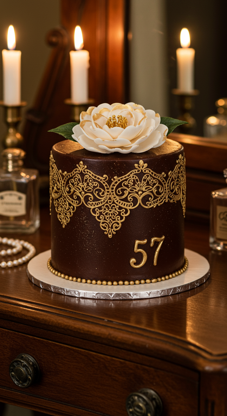 Dunkelbraune Torte mit goldenen Barockmustern und weiß-goldener Blüte.