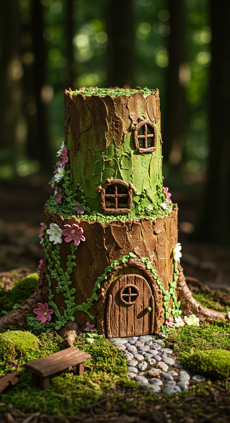 Zweistöckige Torte in Baumstammoptik mit Fenstern, Tür und kleinen Blüten, auf Moos gebettet.