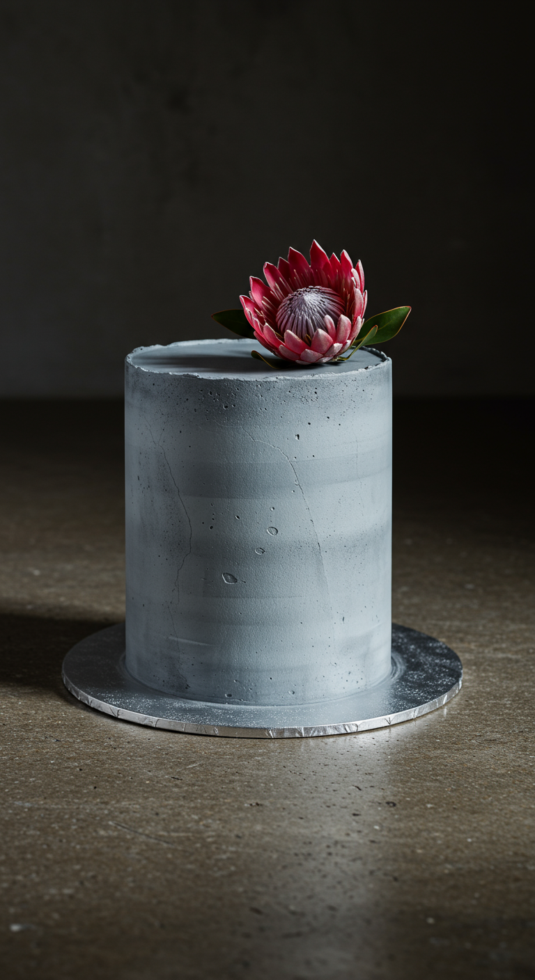 Graue Torte in Beton-Optik mit einer einzelnen exotischen rosa Blüte obendrauf.