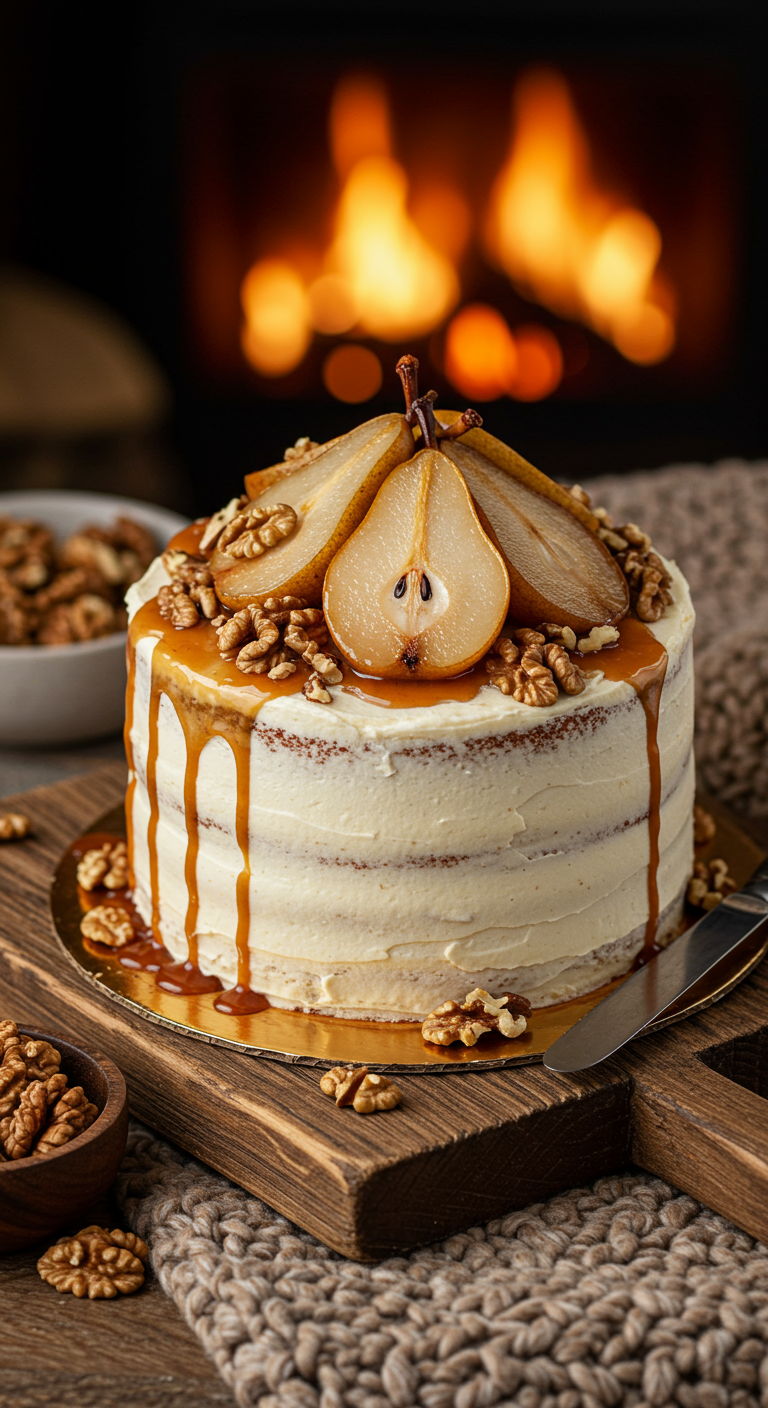 Torte mit Birnenscheiben, Walnüssen und Karamell-Drip vor Kaminfeuer.