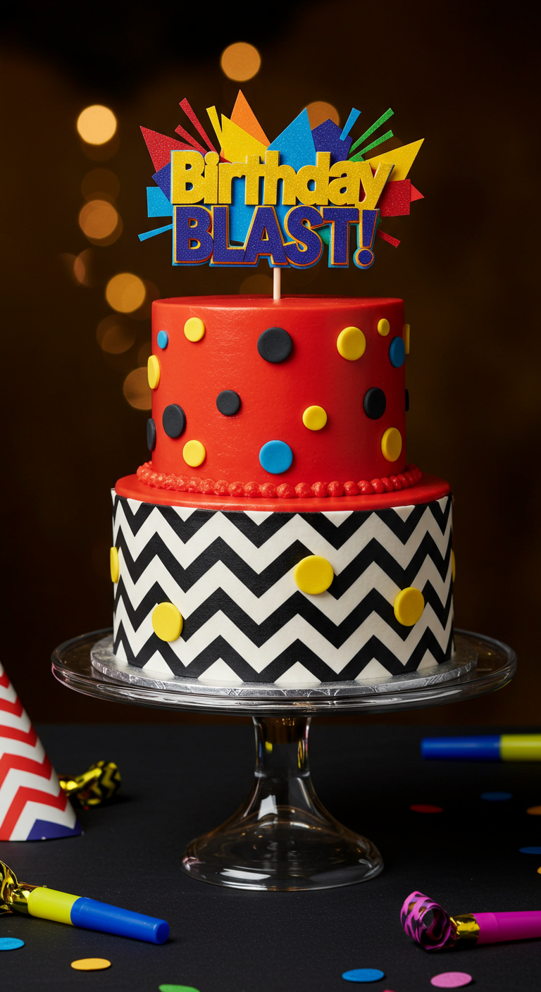 Zweistöckige Torte mit Chevron-Muster unten und roten Punkten oben.