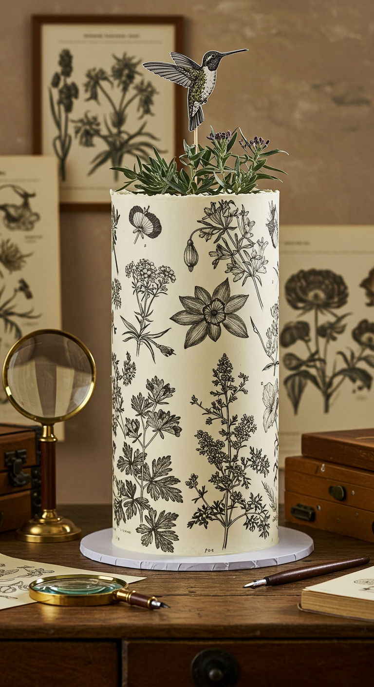 Hohe weiße Torte mit schwarz-weißem botanischem Print und echten Kräutern obenauf.