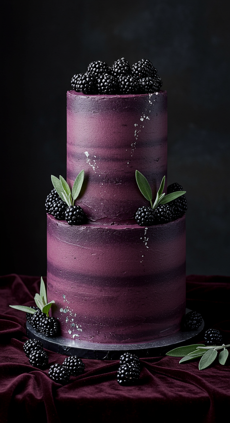 Dunkellila zweistöckige Torte mit frischen Brombeeren und Salbeiblättern.