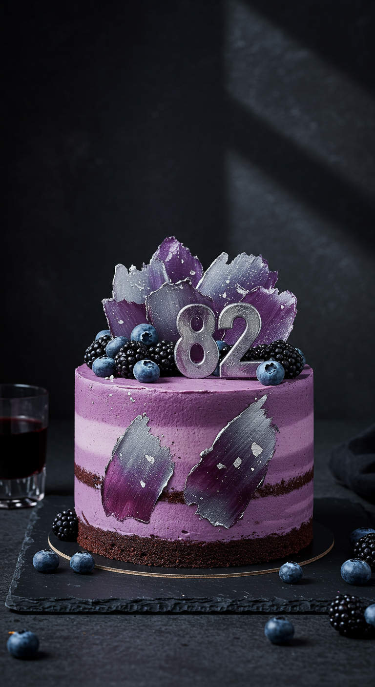 Lila gestreifter Kuchen mit Brombeeren, Blaubeeren und silbernen Schokoladensplittern.