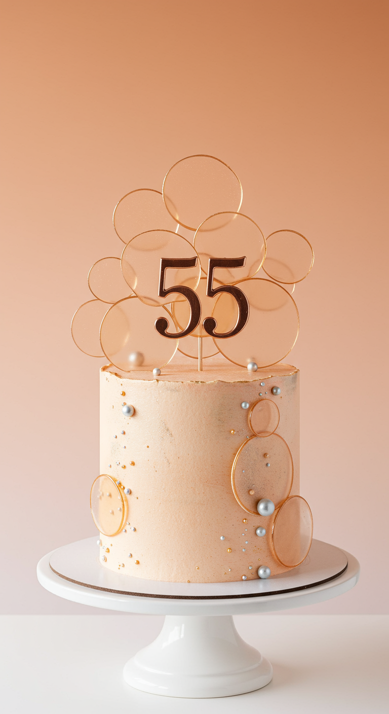 Pfirsichfarbene Torte mit transparenten und goldenen Kreisen und Zahl 55 Topper.